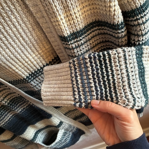 L.L. BEAN Waffle Knit Sweater Hooded Open Cardigan Multi-Stripe Women’s Small - Picture 5 of 7